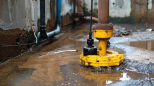 Yellow sump pump actively draining water in a flooded basement, highlighting professional sump pump repair services in Minnetonka.