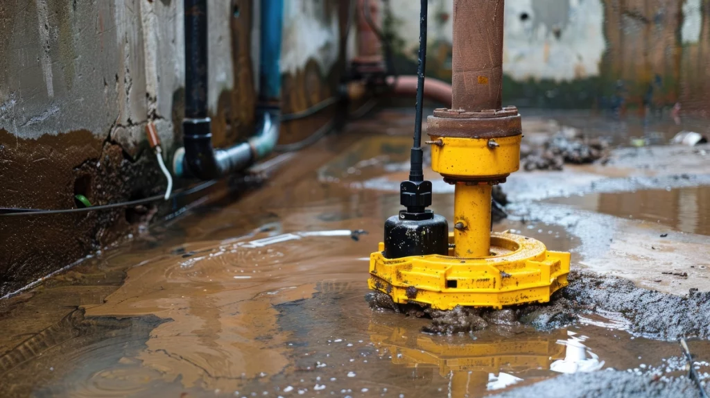 Yellow sump pump actively draining water in a flooded basement, highlighting professional sump pump repair services in Minnetonka.